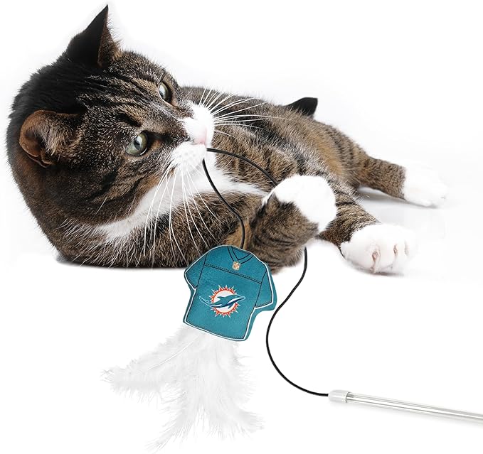 NFL Miami Dolphins Team Jersey Wand with CAT NIP, Cat Toy Jersey Shaped Plush Teaser Toy for Cats & Kittens - Interactive Pet Toy for Play & Exercise
