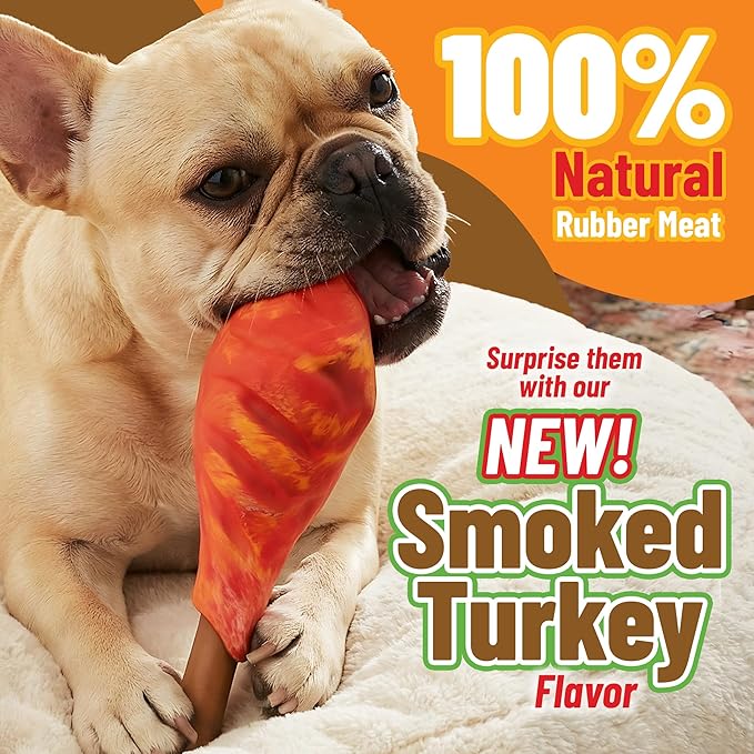 Smoked Turkey Leg Dog Chew Toy, Natural Rubber and Nylon, Medium, with Squeaker, for Dental Hygiene