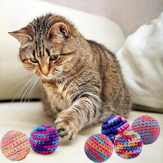 Woolen Yarn Cats Ball Toy with Bell Inside, 6Pcs Colorfull Hand-Knitted Indoor Cat Toys Jingle Bell Balls, Kitten Interactive Toys for Hunting/Kicking/Chasing