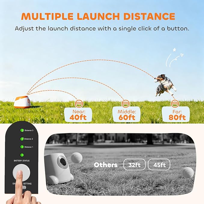 PawHut Automatic Dog Ball Launcher, Rechargeable Dog Ball Thrower with Remote Control, 3 Adjustable Distance (40ft/60ft/80ft), 6 ETPU Tennis Fetch Toys 2.5", Low Noise, for Medium Large Breeds, Orange