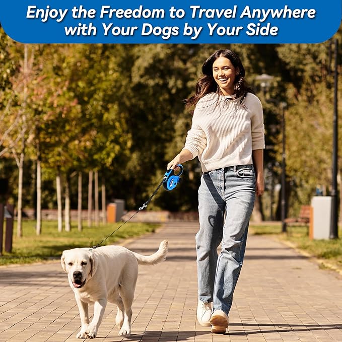 26ft Heavy Duty Retractable Dog Leash for Large Dogs, Dog Leash with Poop Bag Holder, Up to 100lbs, with LED Light, Chew Proof Cable, One-Handed Pause & Lock, 360° No Tangle. (Blue, 26Ft)