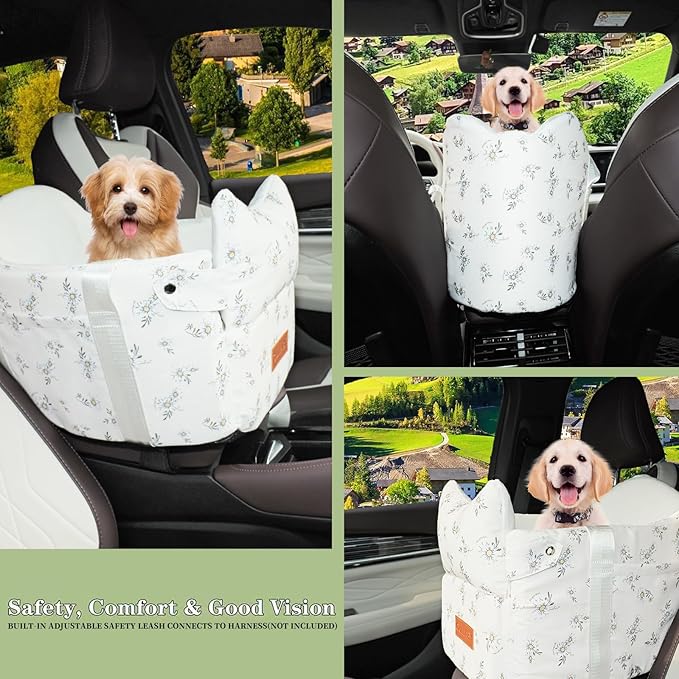 Cullaby Center Console Small Dog Car Seat Portable Puppy Booster Armrest Carseat, Anti-Collapse Comfort Car Travel with Washable Fluffy Cushion and Pillow (Off White, Extar Small armrest lid)