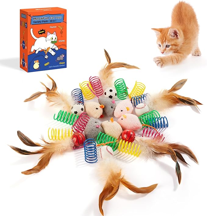 Potaroma Cat Toys Pack for Indoor Cats, 28PCS Interactive Kitten Accessories with Feather Balls, Catnip Mice, Colorful Springs – Starter Kitten Toy Stuff Set, Bored Kitty Must-Have Supplies