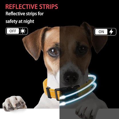 Reflective Dog Collar with Safety Locking Buckle, Adjustable Soft Breathable Nylon Collars for Small, Medium and Large Dogs(Collar+Leash XL Yellow)