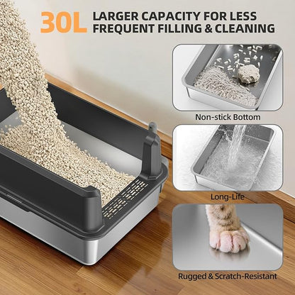 Enclosed Stainless Steel Cat Litter Box with Lid, XL Extra Large Litter Box for Big Cats, Metal Litter Pan High Sided, Never Absorbs Odors, Anti-Urine Leakage, Include Scoop (65-Darkgray)