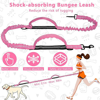 Hands Free Dog Leash with Zipper Pouch, Running Waist Leash for Dog Walking, Adjustable Waist Belt for Large Dogs, Reflective Bungee Design with Two Handle for Hiking, Training, Pink