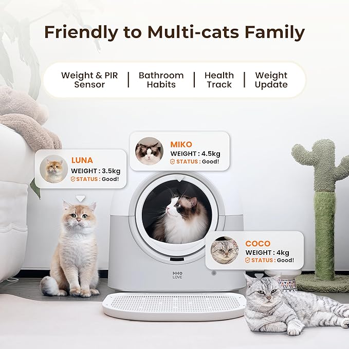 HHOLOVE Self Cleaning Cat Litter Box TY Pro, 60L Extra Large Open Automatic Litter Box App Control, Anti-Pinch for Multi Cats 3-20lbs, Advanced Odor Control with Mat&Liner(Grey)