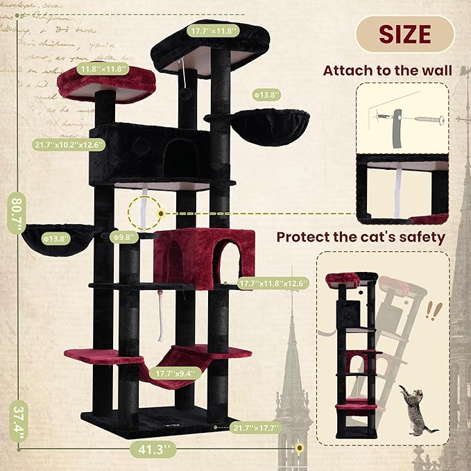 Tall Cat Tree, Large Cat Tower for Adult Cats, 80.7'' (205cm) Heavy-Duty Cat Tree House for Indoor Cats 20 lbs+ with Scratching Posts, 2 Top Perches/Condos, Hammcok, Black(Gothic) GCT034BR