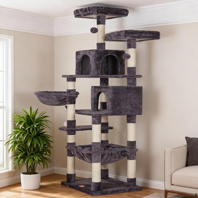 Heybly Cat Tree, 70 inches Tall Cat Tower Condo with Toy for Indoor Large Cats, Cat House Furniture with Padded Plush Perch, Cozy Hammock and Sisal Scratching Posts, Smoky Gray HCT032G
