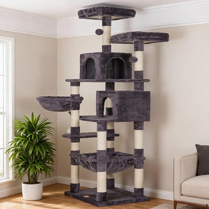 Heybly Cat Tree, 70 inches Tall Cat Tower Condo with Toy for Indoor Large Cats, Cat House Furniture with Padded Plush Perch, Cozy Hammock and Sisal Scratching Posts, Smoky Gray HCT032G