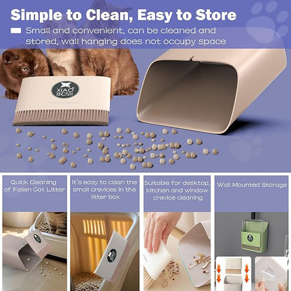 Cat Litter Scooper with Holder, Metal Litter Scoop Includes Portable Small Broom and Dustpan Set, Heavy Duty Stainless Steel Litter Scoop with Coarse and Fine Grid, Quick Sift and Easy Clean