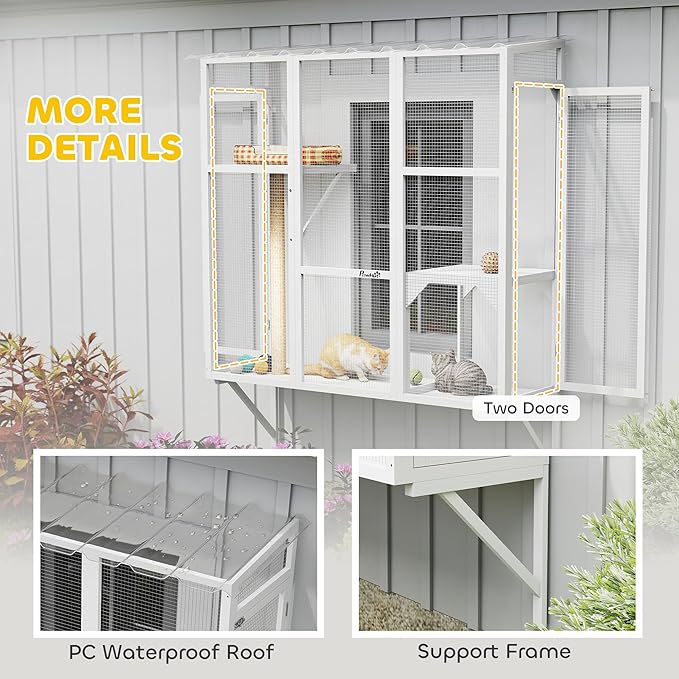 PawHut Outdoor Catio, Cat Window Catio Box Enclosure for 2-3 Large Indoor Cats with 2 Jumping Platforms, Scratching Post, for Playing, Sunbathing, Napping, Cat Window Perch for Enjoying Sights, White