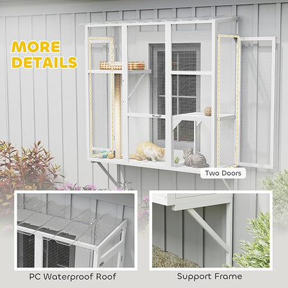PawHut Outdoor Catio, Cat Window Catio Box Enclosure for 2-3 Large Indoor Cats with 2 Jumping Platforms, Scratching Post, for Playing, Sunbathing, Napping, Cat Window Perch for Enjoying Sights, White