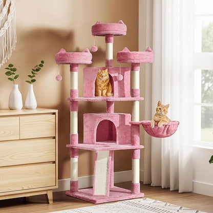 Yaheetech 68.5in Cat Tree for Large Cats, Multi-Level Cat Tower with 3 Wide Perches, Large Condo, Stable Pet Play House w/Sisal-Covered Scratching Posts & Board, Pink