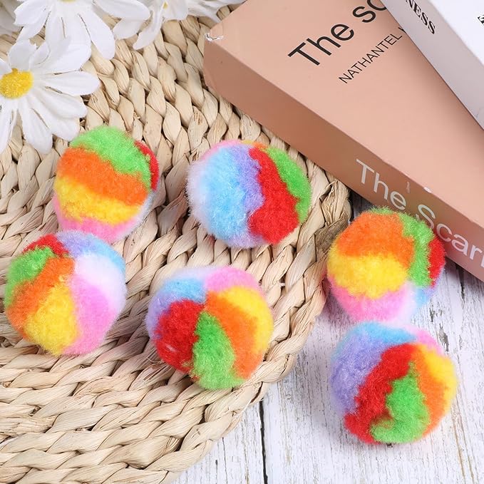 30 Pcs Soft Plush Cat Ball, 1.8 inch Rainbow Colorful Kitty Fuzzy Puff Pom Pom Balls Fun Kitten Quiet Play Kicker Exercise Chasing Toys for Pet Interactive
