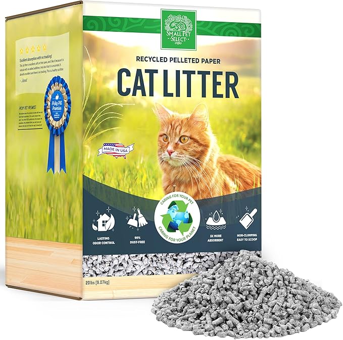 Small Pet Select Recycled Pelleted Paper Cat Litter, Kitty Litter, Non Clumping Pellets for Cats, for Use with Litter Box, Non Tracking, Low Dust, Made in USA, 20lb