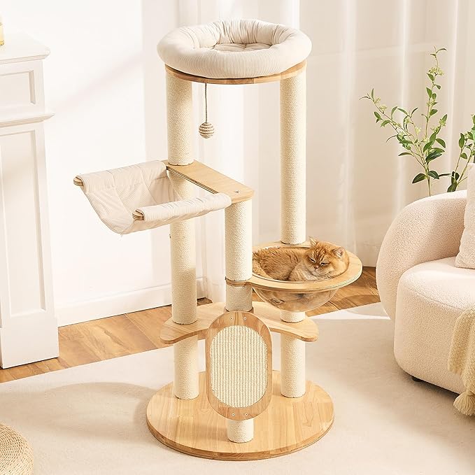 Modern Solid Wood Cat Tree for Indoor Cats Up to 15lbs, 49" Tall Cat Tower with Scratching Posts & Scratcher, Large Cat Bed, Hammock, Capsule Nest, Dangling Ball, Multi-Level Cat Furniture