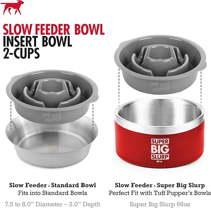 Tuff Pupper Slow Feeder Insert Bowl | Puzzle Maze Slows Down Eating | Elevated Feeder Tray Bowls | Standalone Dog Bowl | Pet Bowls Insert | Easy Clean Dishwasher Safe (2 Cups - Fits 7.5-8 Inch Hole)