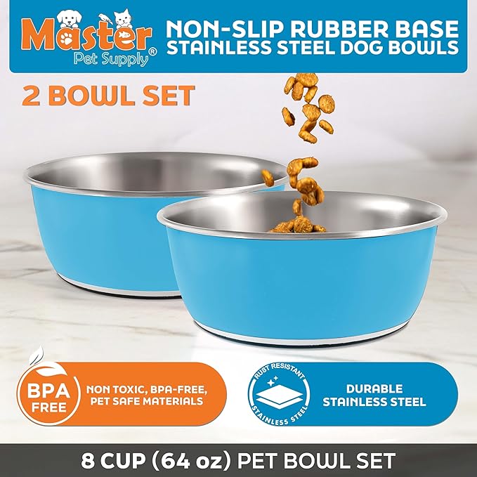 Master Pet Supply Stainless Steel Dog Bowls Set of 2 (64 Oz Each) with Non-Slip Rubber Base - True Blue - Basic Dog Food Bowl Water & Food Bowls for Small Medium Large Dogs & Cats, Metal Dish