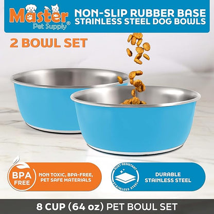 Master Pet Supply Stainless Steel Dog Bowls Set of 2 (64 Oz Each) with Non-Slip Rubber Base - True Blue - Basic Dog Food Bowl Water & Food Bowls for Small Medium Large Dogs & Cats, Metal Dish