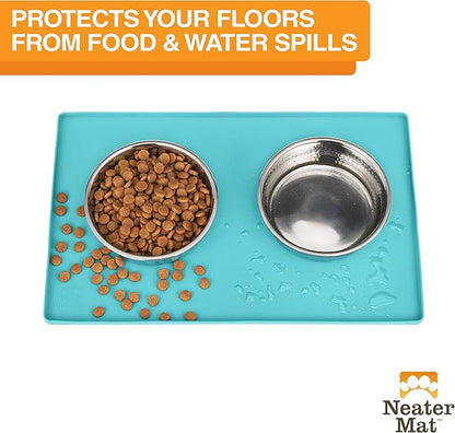 Neater Pet Brands Neater Mat Pet Mats for Food and Water, Cat & Dog Bowl Mat Waterproof Silicone, Feeding Tray, Dog Food Mats for Floors, Placemat w/Raised Edge for Under Bowls, 19” x 12”, Aquamarine