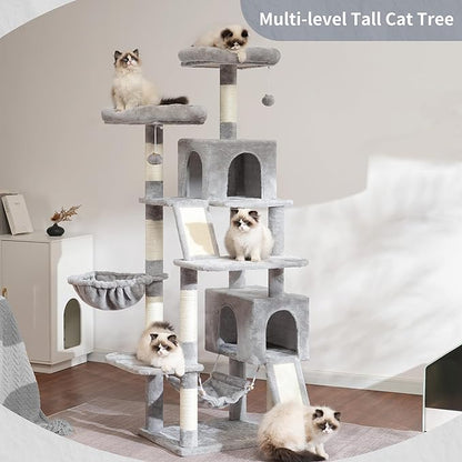 Cat Tree for Indoor Cats, 71'' (180cm) Multi-Level Cat Tower for Large Adult, Sturdy Cat Tree House with 2 Scratching Boards 7 Posts, 2 Plush Perches/Condos, Hammock, Light Gray GCT032W