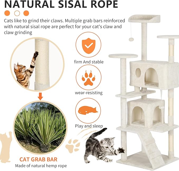 BestPet | 62" Cat Tree Tower | Beige | Sturdy, Easy to Assemble, Multi-Level Activity Center with Sisal Scratching Posts, Condos, Perches, Hanging Cat Toys, Observation Decks & Ladder