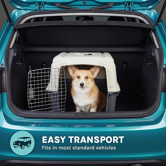 SportPet Airline Compliant MEDIUM 24.25" Travel Dog Kennel-Durable Plastic Airline Pet Carrier w/Removable Wheels & Food Bowls, Collapsible Indoor/Outdoor Dog Kennel, Dogs up to 23"L & 15"H-Cream/Gray