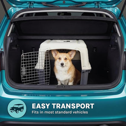 SportPet Airline Compliant MEDIUM 24.25" Travel Dog Kennel-Durable Plastic Airline Pet Carrier w/Removable Wheels & Food Bowls, Collapsible Indoor/Outdoor Dog Kennel, Dogs up to 23"L & 15"H-Cream/Gray