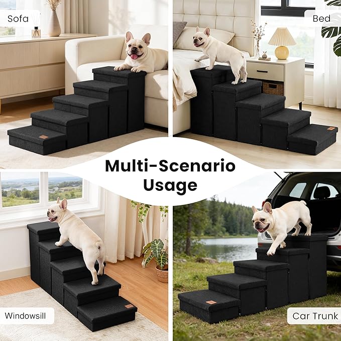 Love's cabin Dog Stairs for High Bed 22" H, Foldable Pet Stairs for Small Medium or Large Dogs Puppy with Storage for Bed or Couch, Cat Dog Steps Ramp with Zip up to 200 lbs, Black, 5 Steps