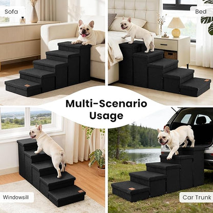 Love's cabin Dog Stairs for High Bed 22" H, Foldable Pet Stairs for Small Medium or Large Dogs Puppy with Storage for Bed or Couch, Cat Dog Steps Ramp with Zip up to 200 lbs, Black, 5 Steps