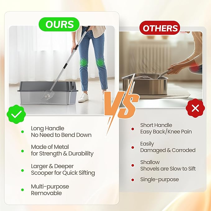Heavy Duty Metal Cat Litter Scoop with Holder - Speed Sifter Litter Box Scooper Captures All Clumps - Kitty Litter Sifting Shovel Comfy Handle - Easy Clean with Hook（Long）