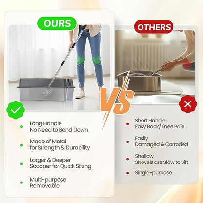 Heavy Duty Metal Cat Litter Scoop with Holder - Speed Sifter Litter Box Scooper Captures All Clumps - Kitty Litter Sifting Shovel Comfy Handle - Easy Clean with Hook（Long）
