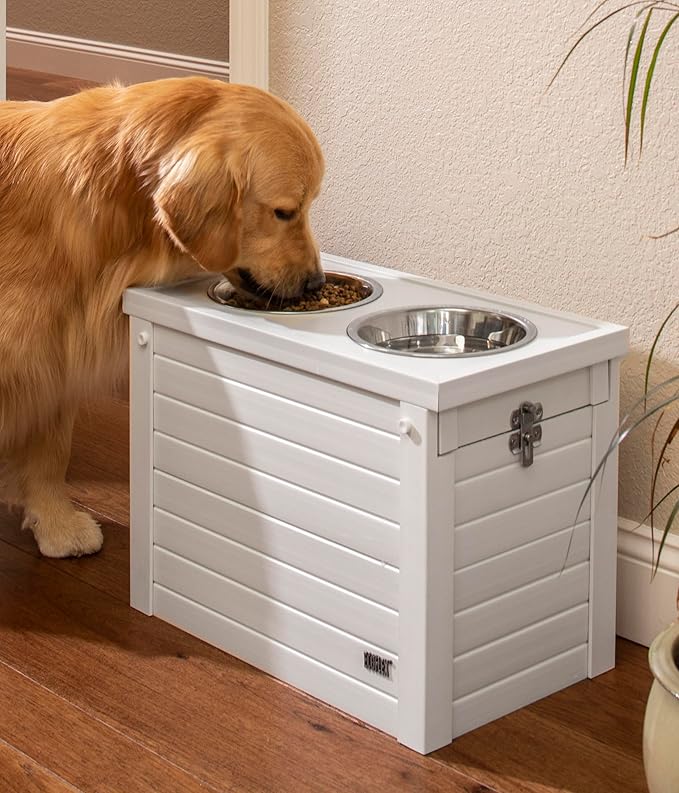 New Age Pet® ECOFLEX® Elevated Dog Feeder with 2 Stainless Steel Bowls and Sliding Lid Storage Bin