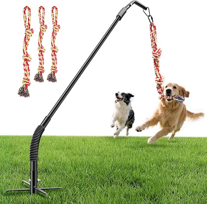 Tether Tug Outdoor Dog Rope Toy, Adjustment Height Upgraded Spring Pole, Includes 3 Chew Ropes, Interactive Tug of War Toy for Large Medium Small Dogs, Exercise Game in Yard, Lawn, Park