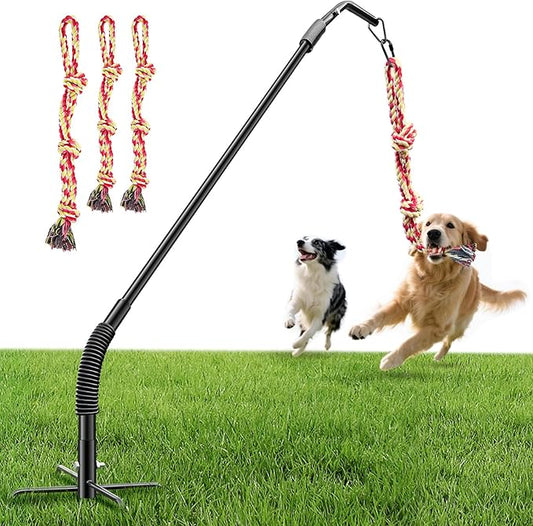 Tether Tug Outdoor Dog Rope Toy, Adjustment Height Upgraded Spring Pole, Includes 3 Chew Ropes, Interactive Tug of War Toy for Large Medium Small Dogs, Exercise Game in Yard, Lawn, Park