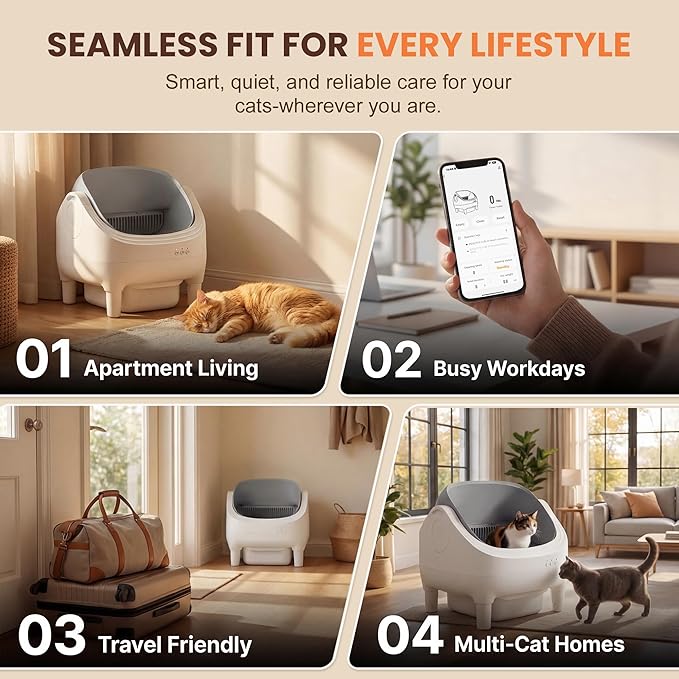 Self Cleaning Cat Litter Box, Greesum Automatic Open-Top Smart Litter Box with App Control, 15L Odor-Sealed Waste Bin, Quiet 35dB, Safety Sensors for Large Cats & Multi-Cat Homes