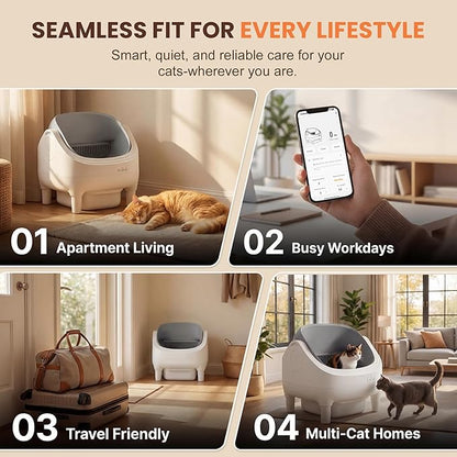 Self Cleaning Cat Litter Box, Greesum Automatic Open-Top Smart Litter Box with App Control, 15L Odor-Sealed Waste Bin, Quiet 35dB, Safety Sensors for Large Cats & Multi-Cat Homes