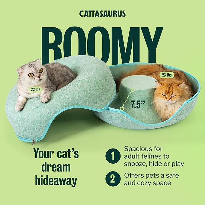 Cattasaurus Peekaboo Cat Cave Donut for Multiple & Large Cats up to 30-45 lbs, 3-in-1 Self Warming Cat Bed, Tunnel & Scratcher for Indoor Cats, Washable & Detachable Small Dog Bed (Sage Mist, Large)