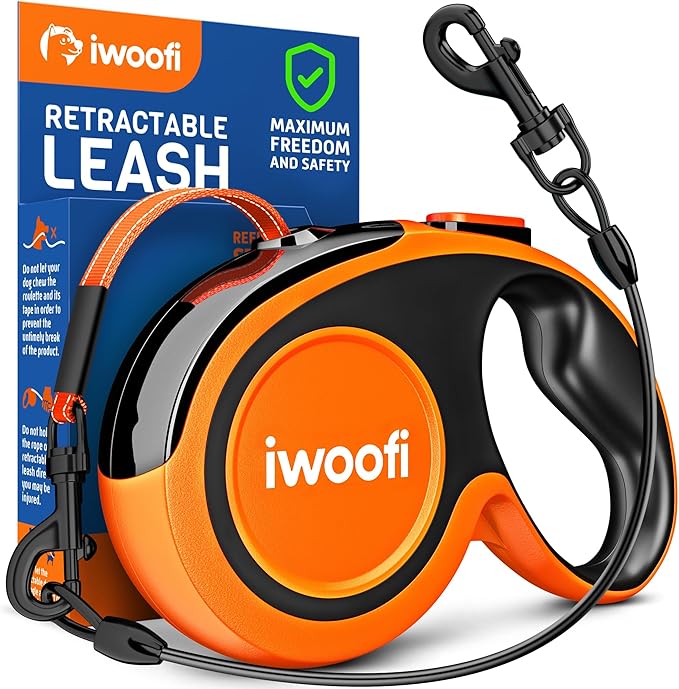 Retractable Dog Leash 18.2 ft – Chew Proof Cable Included – 360° Tangle-Free Design – Heavy Duty Reflective Leash – Soft Anti-Slip Grip Outdoor for Small Medium & Large Dogs up to 110 lbs (Orange)