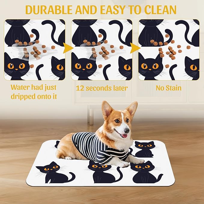 Cute Black Cats Pet Feeding Mat, Absorbent Dog and Cat Bowl Pad, Fast Dry, Non-Slip Back – 12x20 Inch