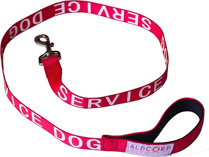 Albcorp Service Dog Leash - Embroidered- with Padded Neoprene Handle and Reflective threads, 4 Feet, for Harnesses, Vests or Collars, Red