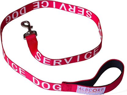 Albcorp Service Dog Leash - Embroidered- with Padded Neoprene Handle and Reflective threads, 4 Feet, for Harnesses, Vests or Collars, Red