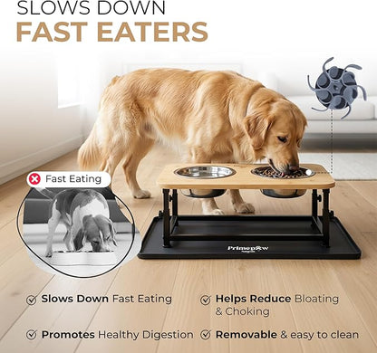 Adjustable Elevated Dog Bowls – Raised Dog Feeding Station with Bamboo Stand, 2 Stainless Steel Bowls, Slow Feeder Insert & Silicone Mat – Dog Bowls with Stand for Small & Medium Dogs