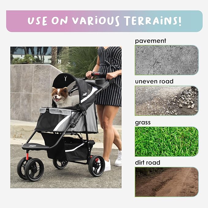Petique Revolutionary Durable Pet Stroller, Easy Fold, Quality mesh Windows, Large Storage Basket, Secure Cup Holder Tray, Small/Medium Dogs, Cats and Pets, Supports up to 55LBS - Galaxy (Gray)