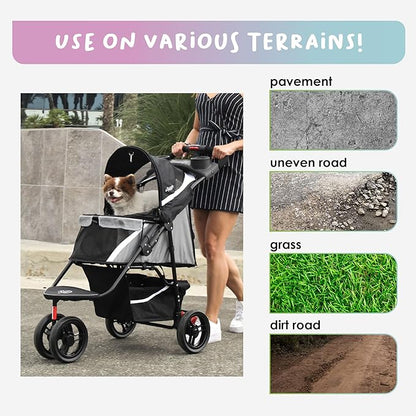 Petique Revolutionary Durable Pet Stroller, Easy Fold, Quality mesh Windows, Large Storage Basket, Secure Cup Holder Tray, Small/Medium Dogs, Cats and Pets, Supports up to 55LBS - Galaxy (Gray)