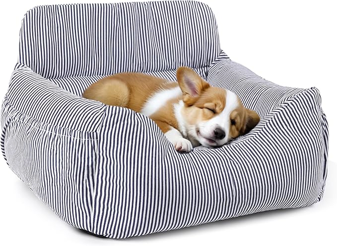 Dog Car Seat for Small Dogs, Pet Booster Seat with Clip-On Safety Leash and Storage Pockets, Washable Travel Dog Car Bed for Puppy (Blue White)