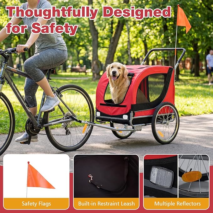Giantex 2-in-1 Dog Bike Trailer & Pet Stroller for Large Dogs – Foldable Pet Carrier Cart with Front Caster & 2 Air-Filled Tires, Breathable Mesh, PVC Rain Cover, 176 lbs Capacity