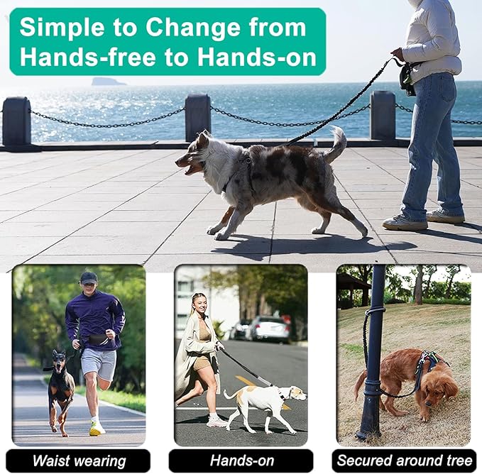 Hands Free Dog Leash with Pouch, Waist Leash for Dog Walking with Water Bottle Holder, Reflective Stitching, Dual Handle, Bungee Retractable Running Medium to Large Black 25-120 lbs