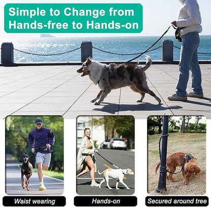 Hands Free Dog Leash with Pouch, Waist Leash for Dog Walking with Water Bottle Holder, Reflective Stitching, Dual Handle, Bungee Retractable Running Medium to Large Black 25-120 lbs